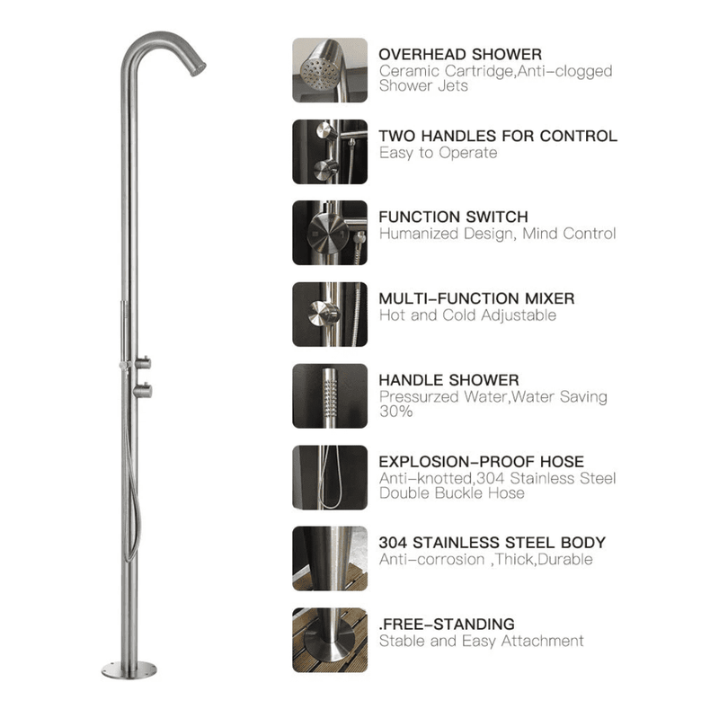 Heatgene Stainless Steel Freestanding Outdoor Shower with Handheld Shower for Outside/Swimming Pools