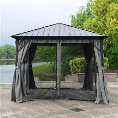 Aleko Aluminum and Steel Hardtop Gazebo with Mosquito Net and Curtain 10 x 10 Feet Black - GZMC10X10-AP