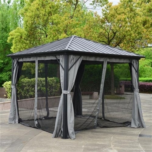 Aleko Aluminum and Steel Hardtop Gazebo with Mosquito Net and Curtain 10 x 10 Feet Black - GZMC10X10-AP