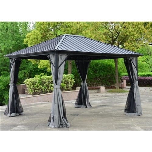 Aleko Aluminum and Steel Hardtop Gazebo with Mosquito Net and Curtain 12 x 10 Feet Black - GZMC10X12-AP